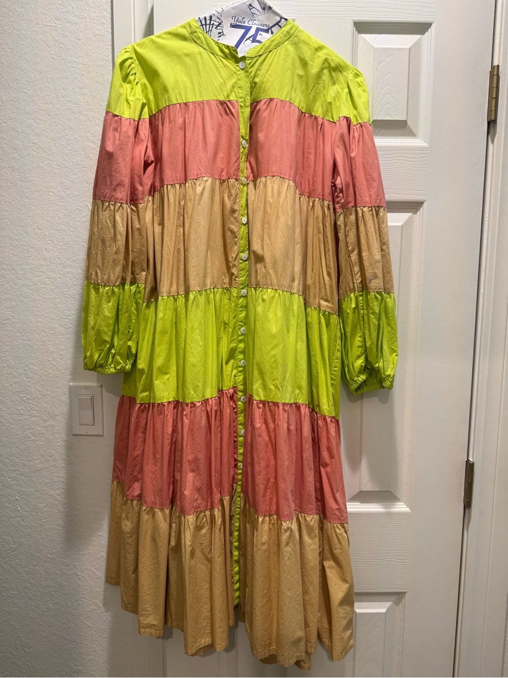 Colorblock Tiered Midi Dress in Lime Green, Coral Pink & Tan